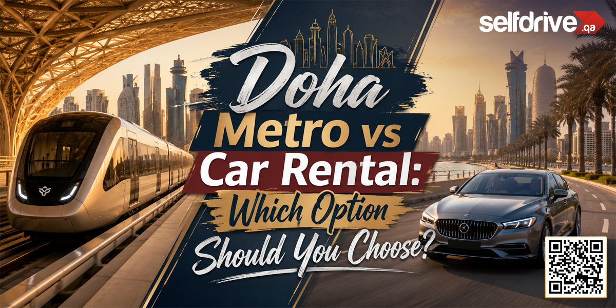 A split image comparing Doha Metro and car rental options, featuring a modern train and a luxury car against a city skyline.